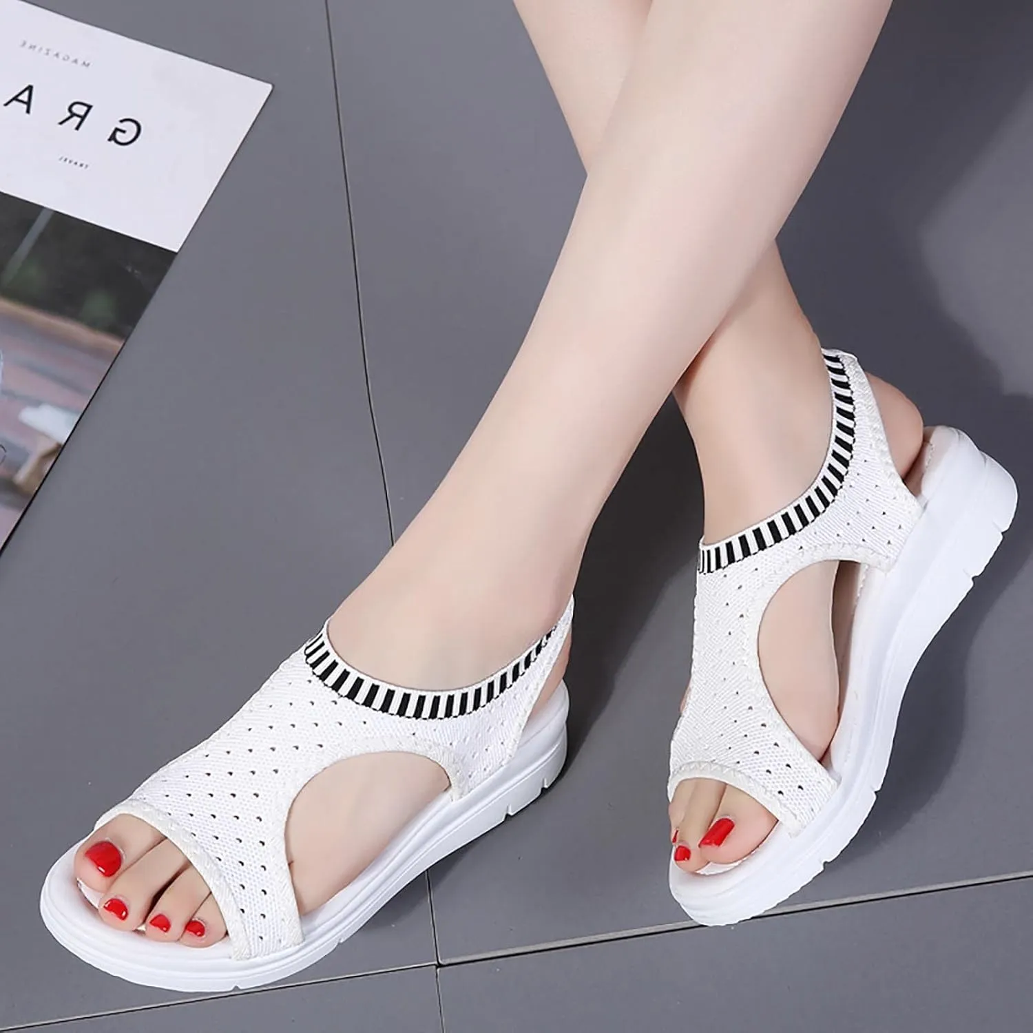 Trendy Women Platform Sandals Summer Slip-On Sport Sandal Shoes with Striped Elastic Band for Comfort and Style