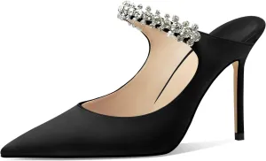 Vaslemuse Women Rhinestone Strap Heel Mules Bridal Pointy Toe Stiletto Heels Dress Pumps Slip On for Wedding Party