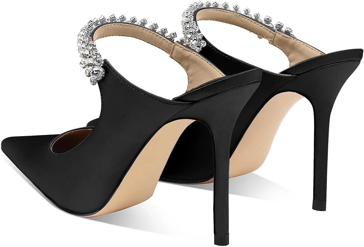 Vaslemuse Women Rhinestone Strap Heel Mules Bridal Pointy Toe Stiletto Heels Dress Pumps Slip On for Wedding Party