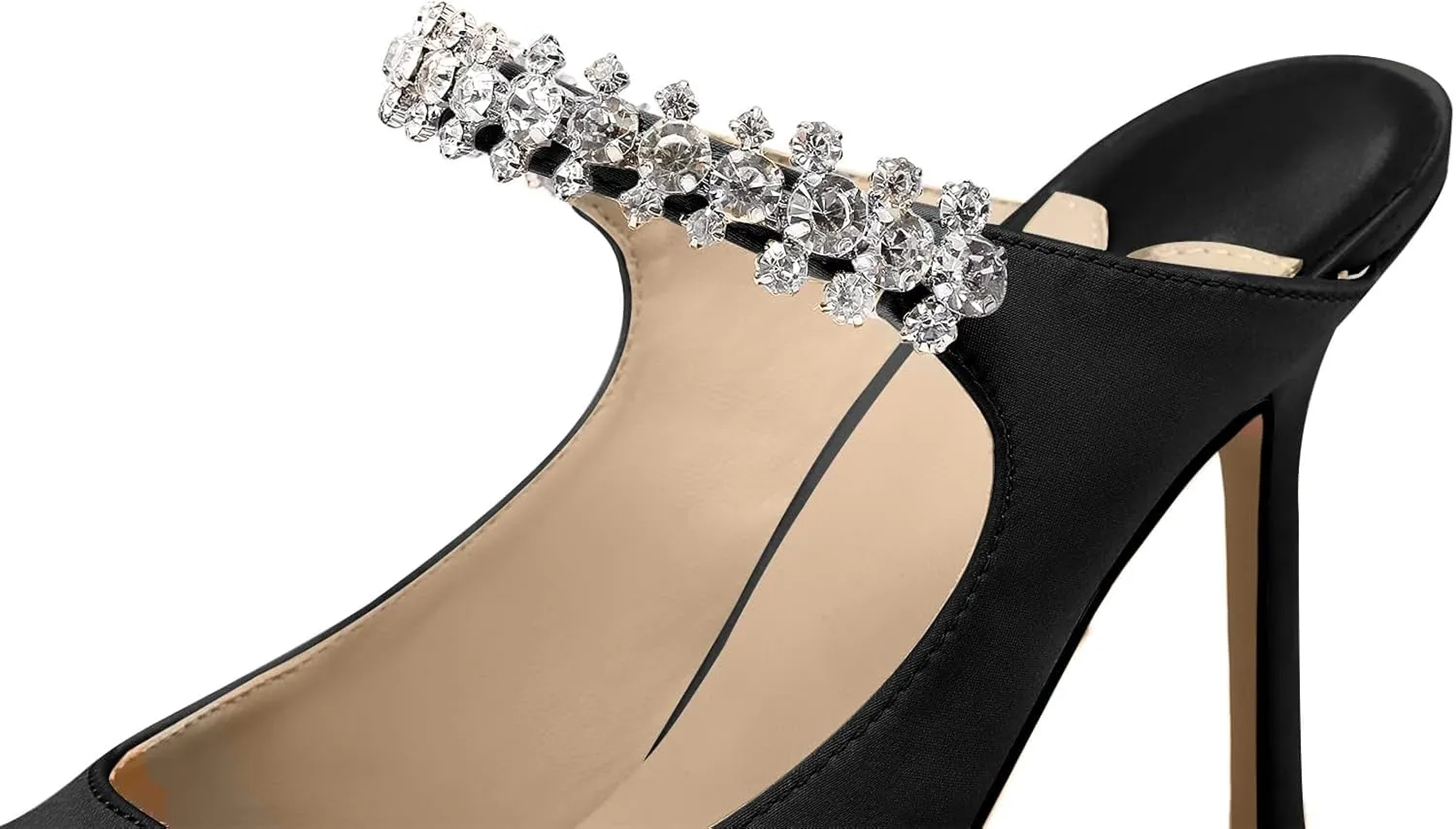 Vaslemuse Women Rhinestone Strap Heel Mules Bridal Pointy Toe Stiletto Heels Dress Pumps Slip On for Wedding Party