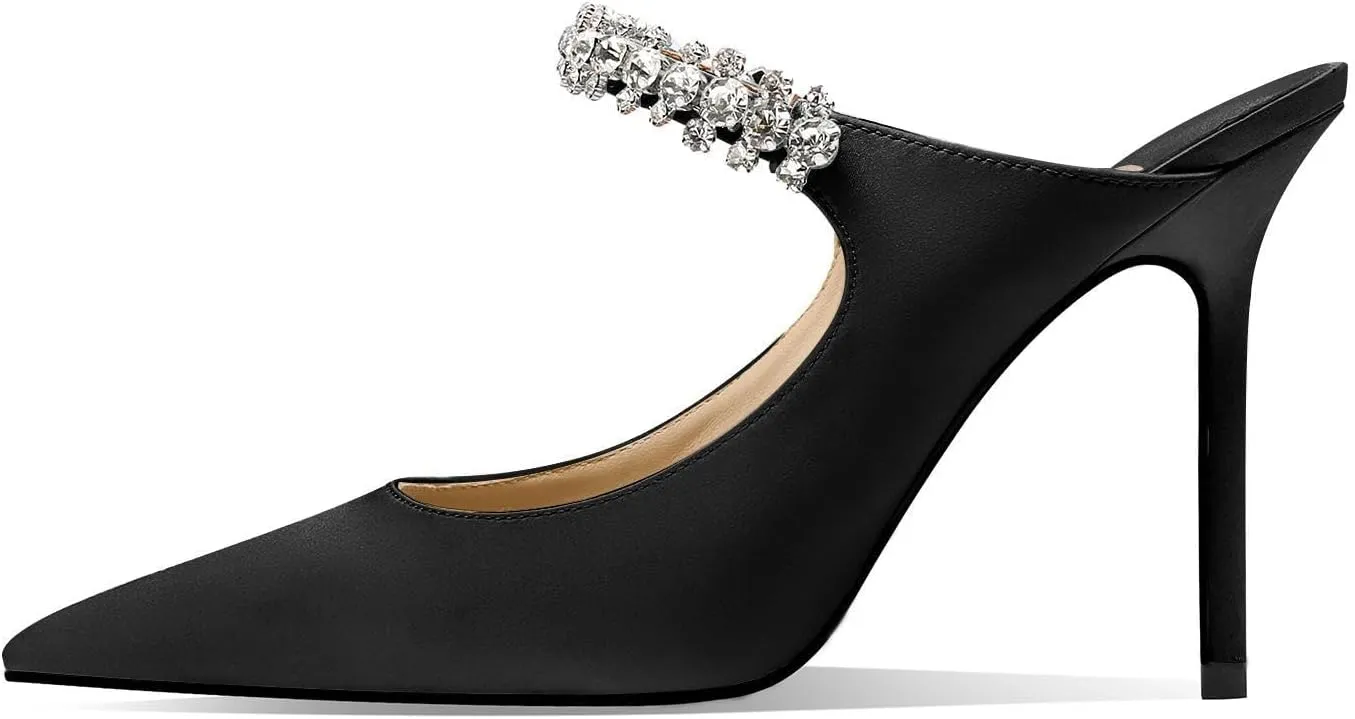 Vaslemuse Women Rhinestone Strap Heel Mules Bridal Pointy Toe Stiletto Heels Dress Pumps Slip On for Wedding Party