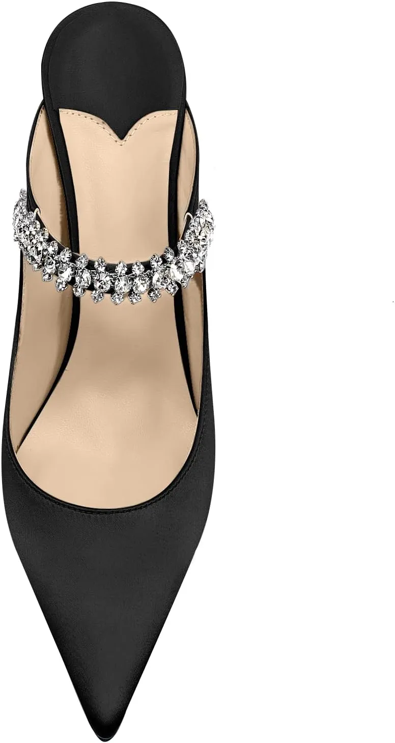 Vaslemuse Women Rhinestone Strap Heel Mules Bridal Pointy Toe Stiletto Heels Dress Pumps Slip On for Wedding Party