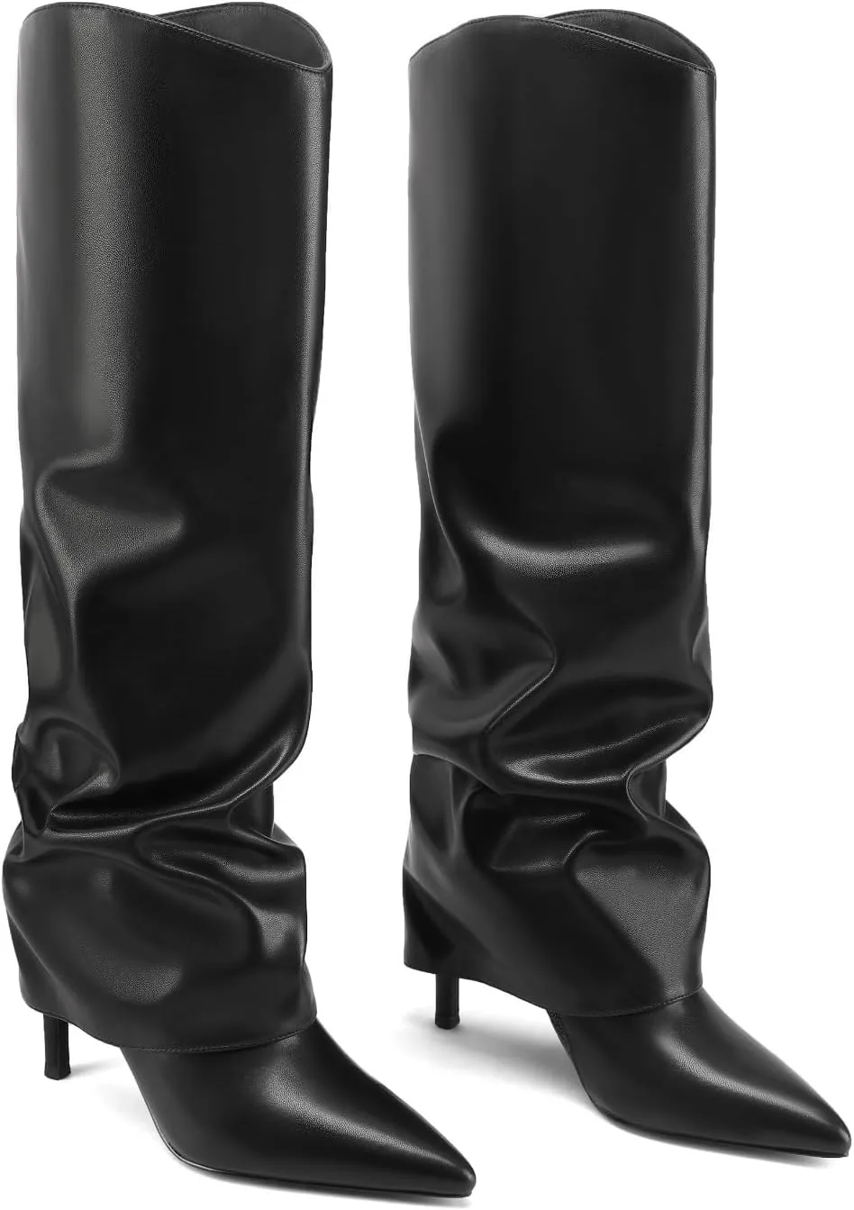 Vaslemuse Womens Fold Over Knee High Boots Stiletto High Heel Slouchy Tall Boots Pointed Toe Sexy Long Boots Fashion Dress Shoes with Side Zipper