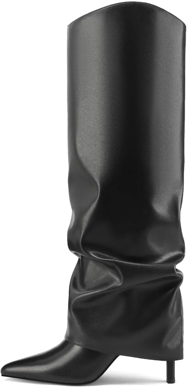Vaslemuse Womens Fold Over Knee High Boots Stiletto High Heel Slouchy Tall Boots Pointed Toe Sexy Long Boots Fashion Dress Shoes with Side Zipper