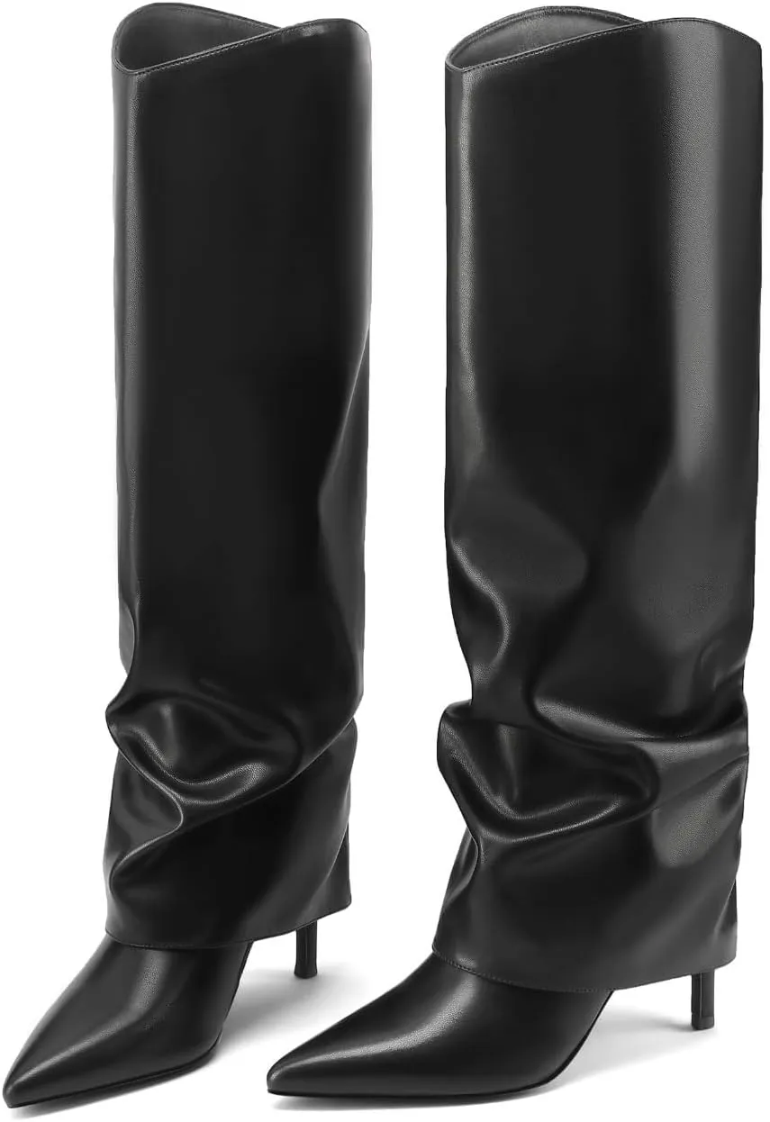 Vaslemuse Womens Fold Over Knee High Boots Stiletto High Heel Slouchy Tall Boots Pointed Toe Sexy Long Boots Fashion Dress Shoes with Side Zipper