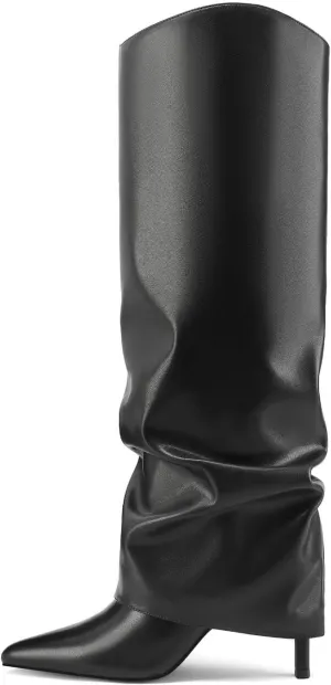 Vaslemuse Womens Fold Over Knee High Boots Stiletto High Heel Slouchy Tall Boots Pointed Toe Sexy Long Boots Fashion Dress Shoes with Side Zipper