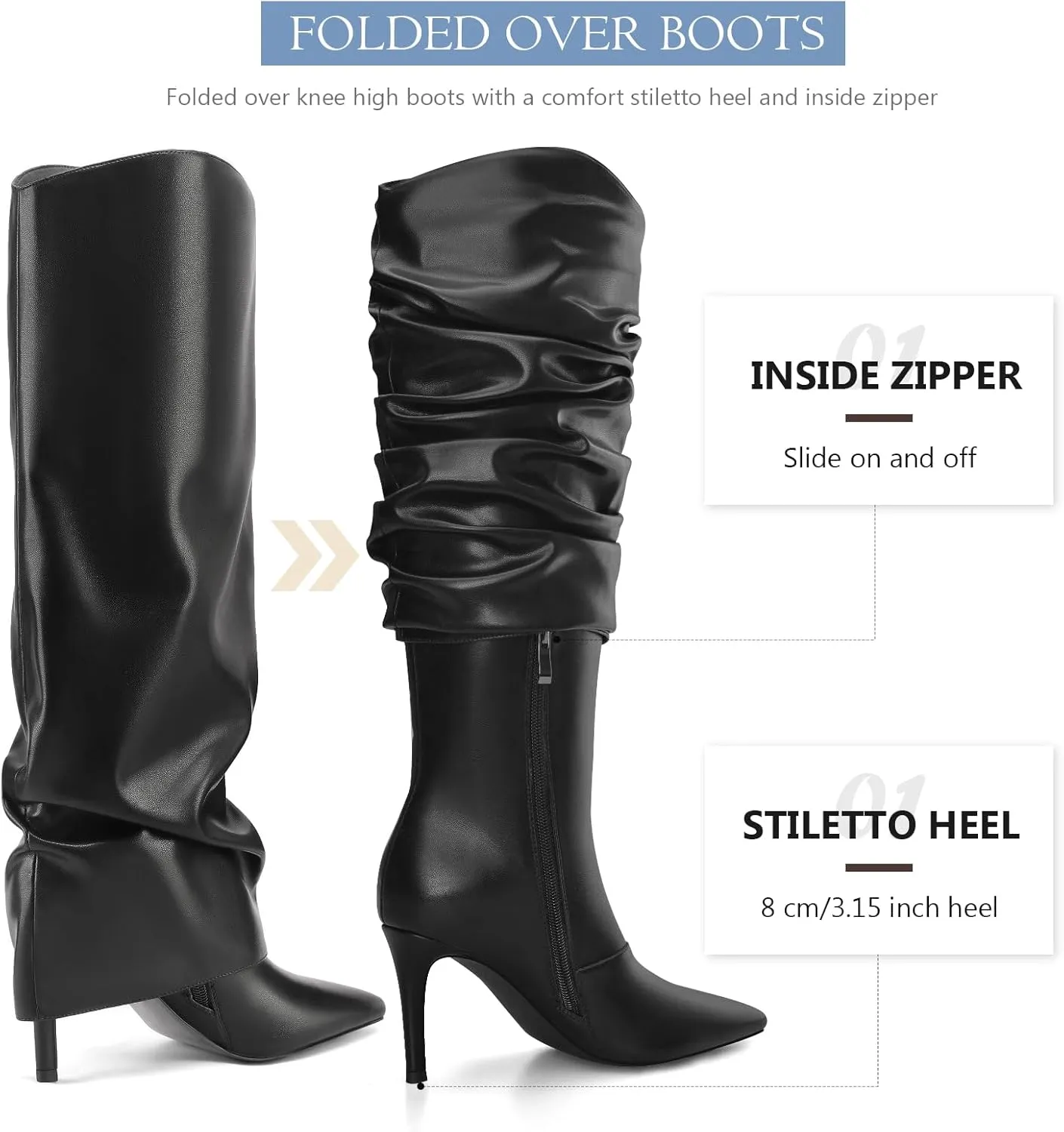 Vaslemuse Womens Fold Over Knee High Boots Stiletto High Heel Slouchy Tall Boots Pointed Toe Sexy Long Boots Fashion Dress Shoes with Side Zipper