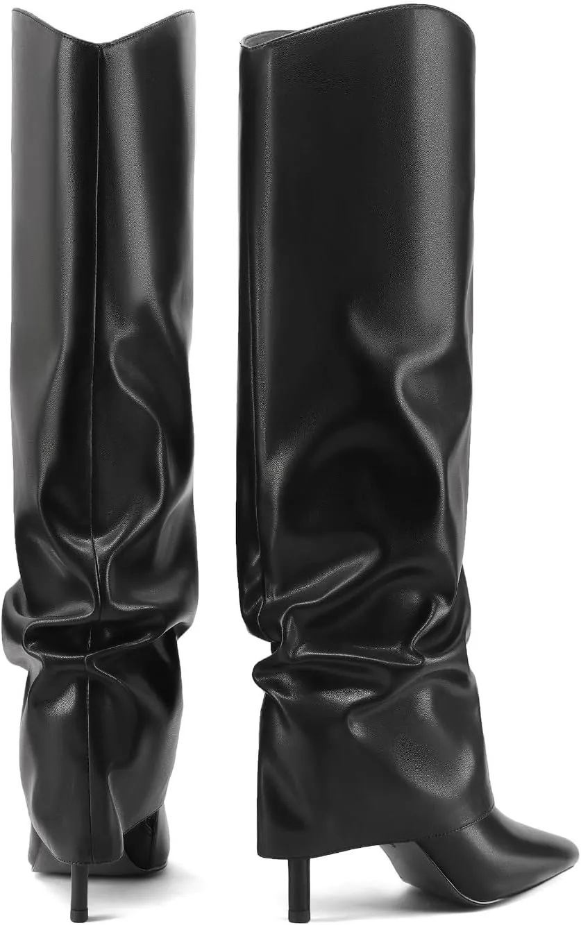 Vaslemuse Womens Fold Over Knee High Boots Stiletto High Heel Slouchy Tall Boots Pointed Toe Sexy Long Boots Fashion Dress Shoes with Side Zipper