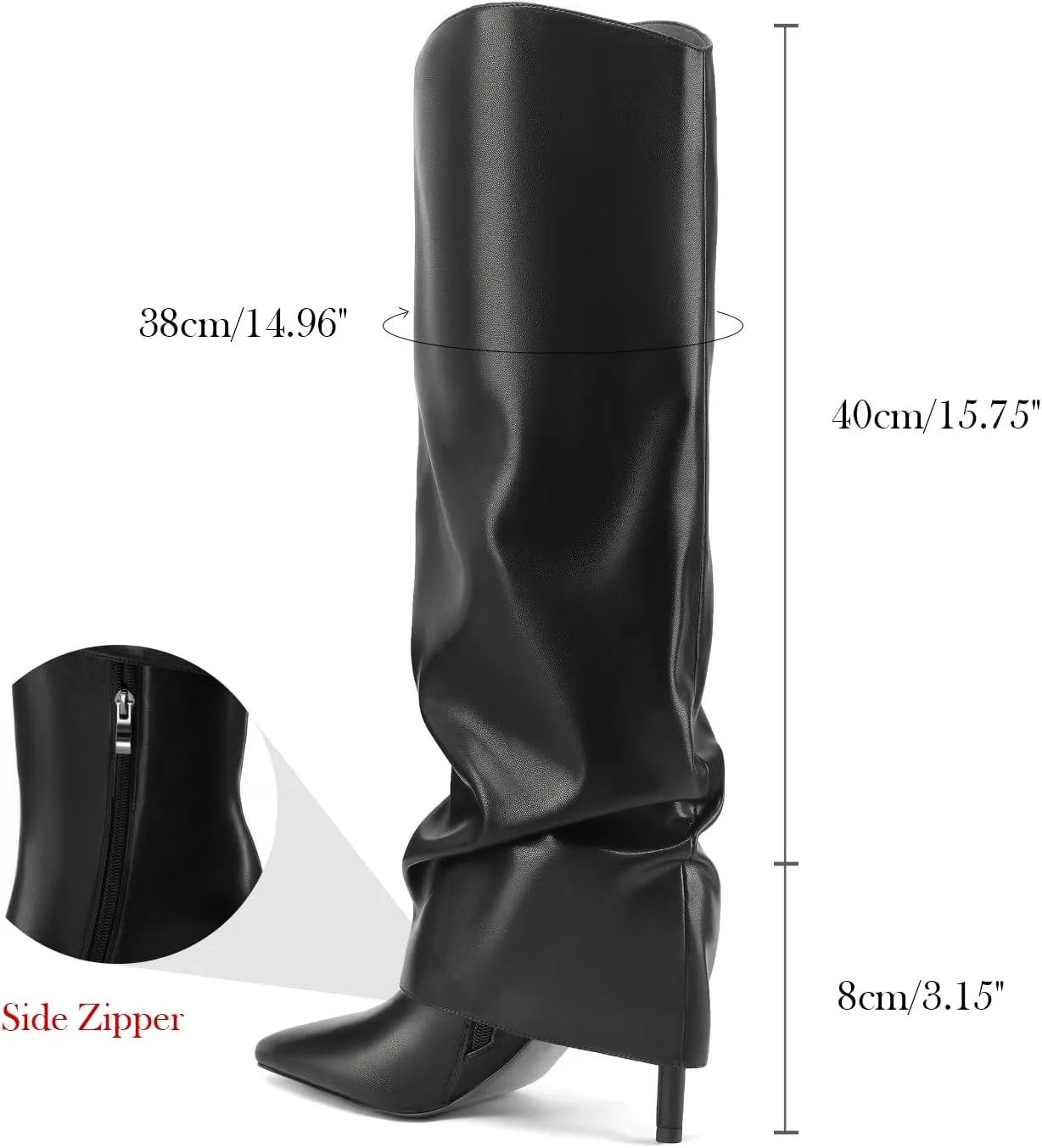 Vaslemuse Womens Fold Over Knee High Boots Stiletto High Heel Slouchy Tall Boots Pointed Toe Sexy Long Boots Fashion Dress Shoes with Side Zipper