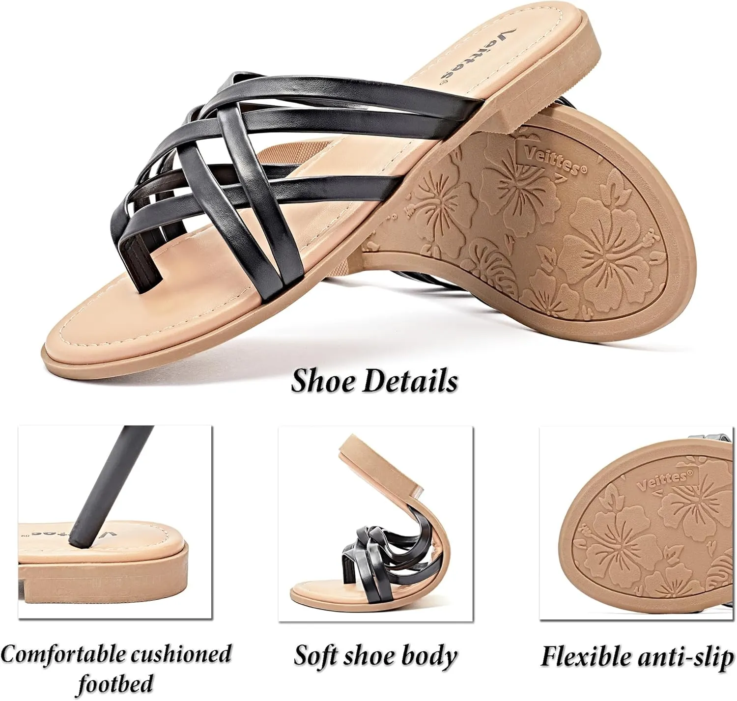 Veittes Women's Flat Slide Sandals - Comfort Casual Criss Cross Flat Summer Shoes.