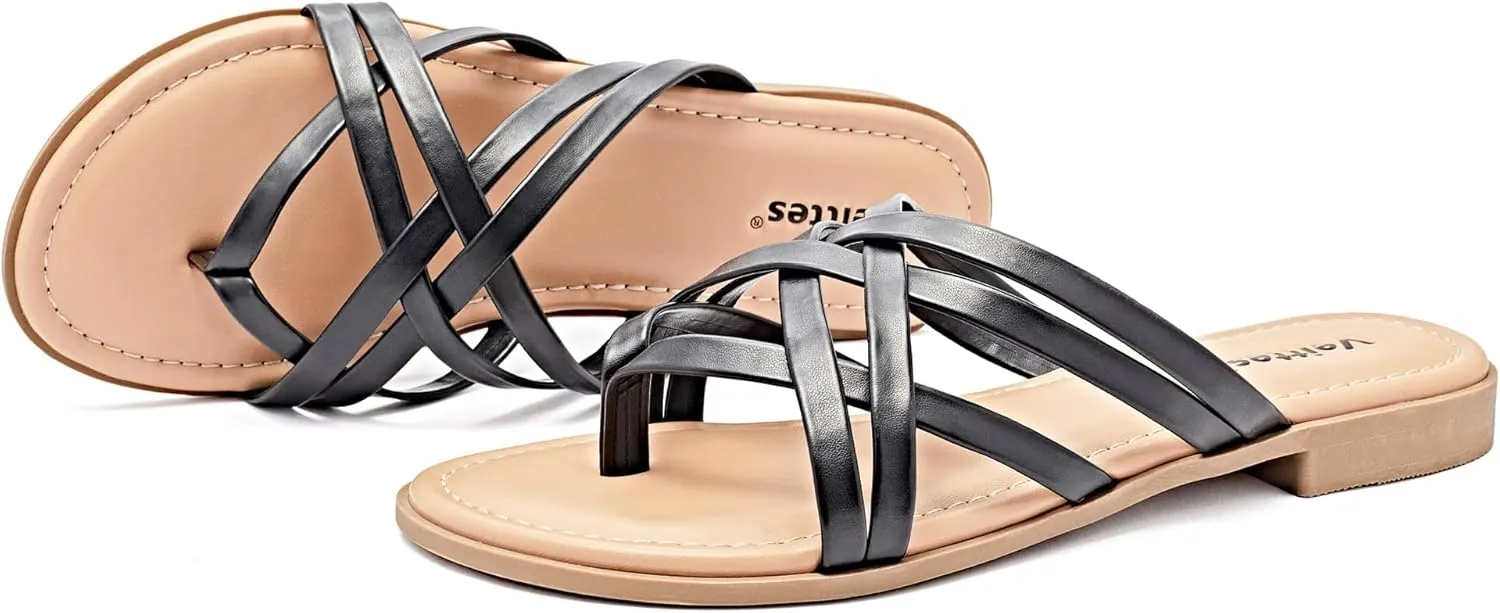 Veittes Women's Flat Slide Sandals - Comfort Casual Criss Cross Flat Summer Shoes.