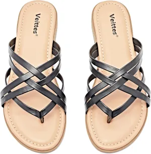 Veittes Women's Flat Slide Sandals - Comfort Casual Criss Cross Flat Summer Shoes.