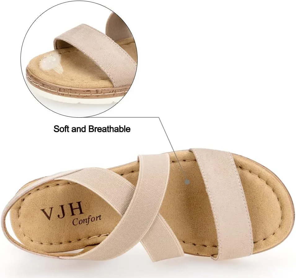VJH confort Women's Flat sandals, Comfort Slip-on Elastic ankle strap Slingback Light Weight Casual Walking Sandals