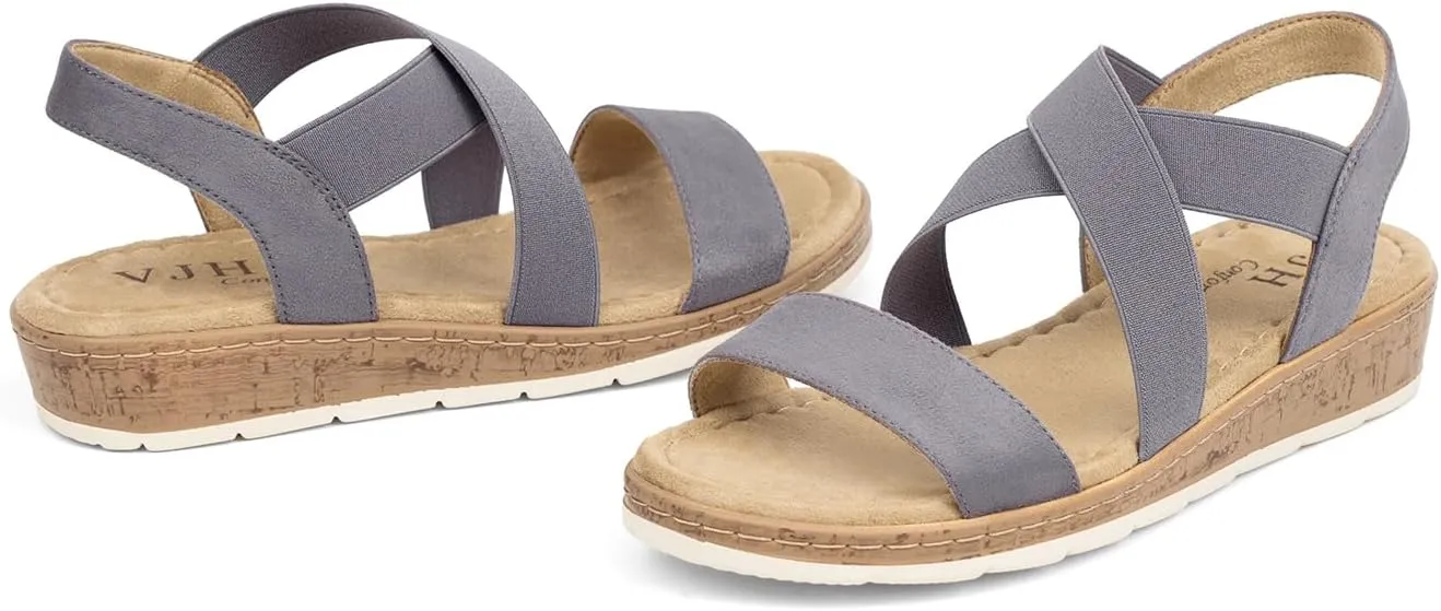 VJH confort Women's Flat sandals, Comfort Slip-on Elastic ankle strap Slingback Light Weight Casual Walking Sandals