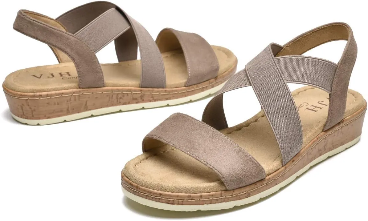 VJH confort Women's Flat sandals, Comfort Slip-on Elastic ankle strap Slingback Light Weight Casual Walking Sandals