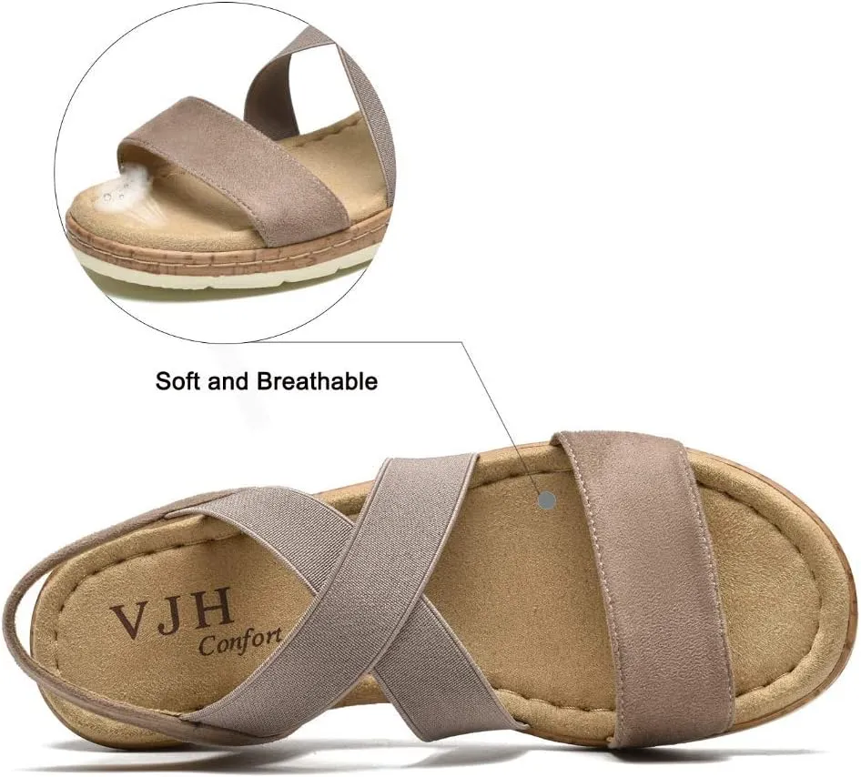 VJH confort Women's Flat sandals, Comfort Slip-on Elastic ankle strap Slingback Light Weight Casual Walking Sandals