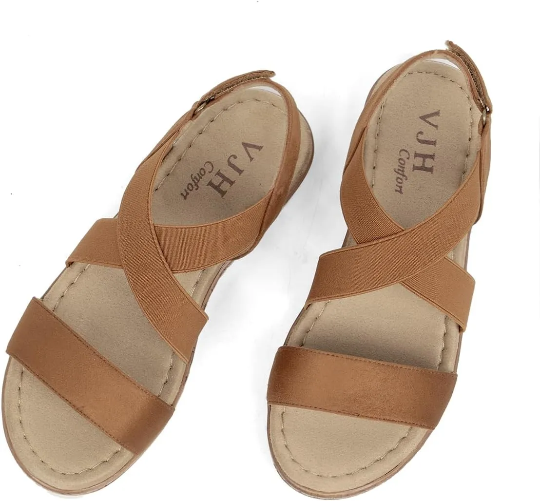 VJH confort Women's Flat sandals, Comfort Slip-on Elastic ankle strap Slingback Light Weight Casual Walking Sandals