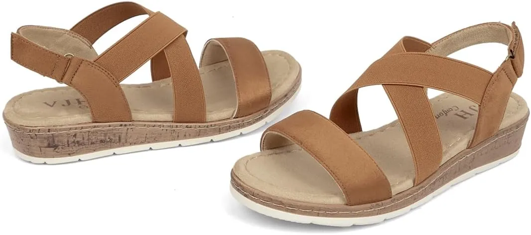 VJH confort Women's Flat sandals, Comfort Slip-on Elastic ankle strap Slingback Light Weight Casual Walking Sandals