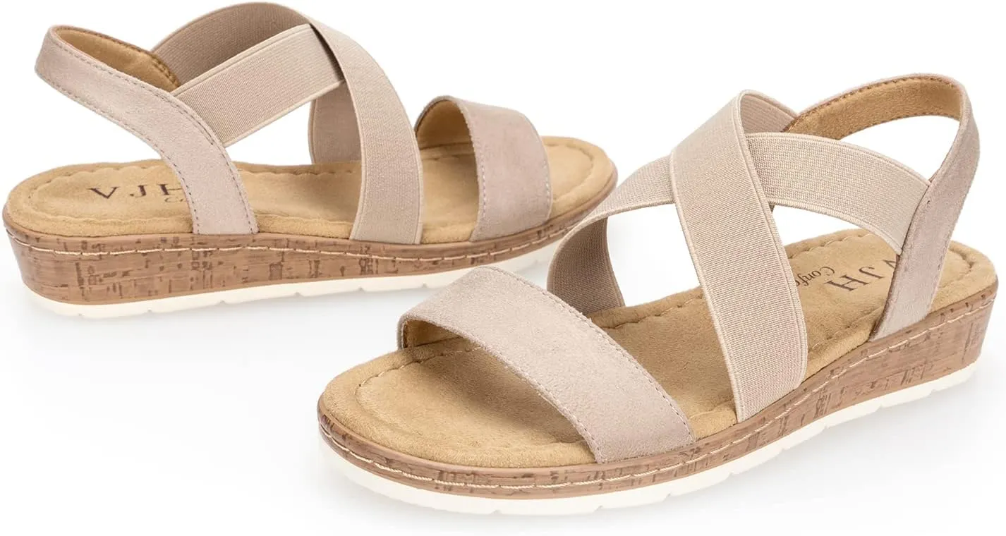 VJH confort Women's Flat sandals, Comfort Slip-on Elastic ankle strap Slingback Light Weight Casual Walking Sandals