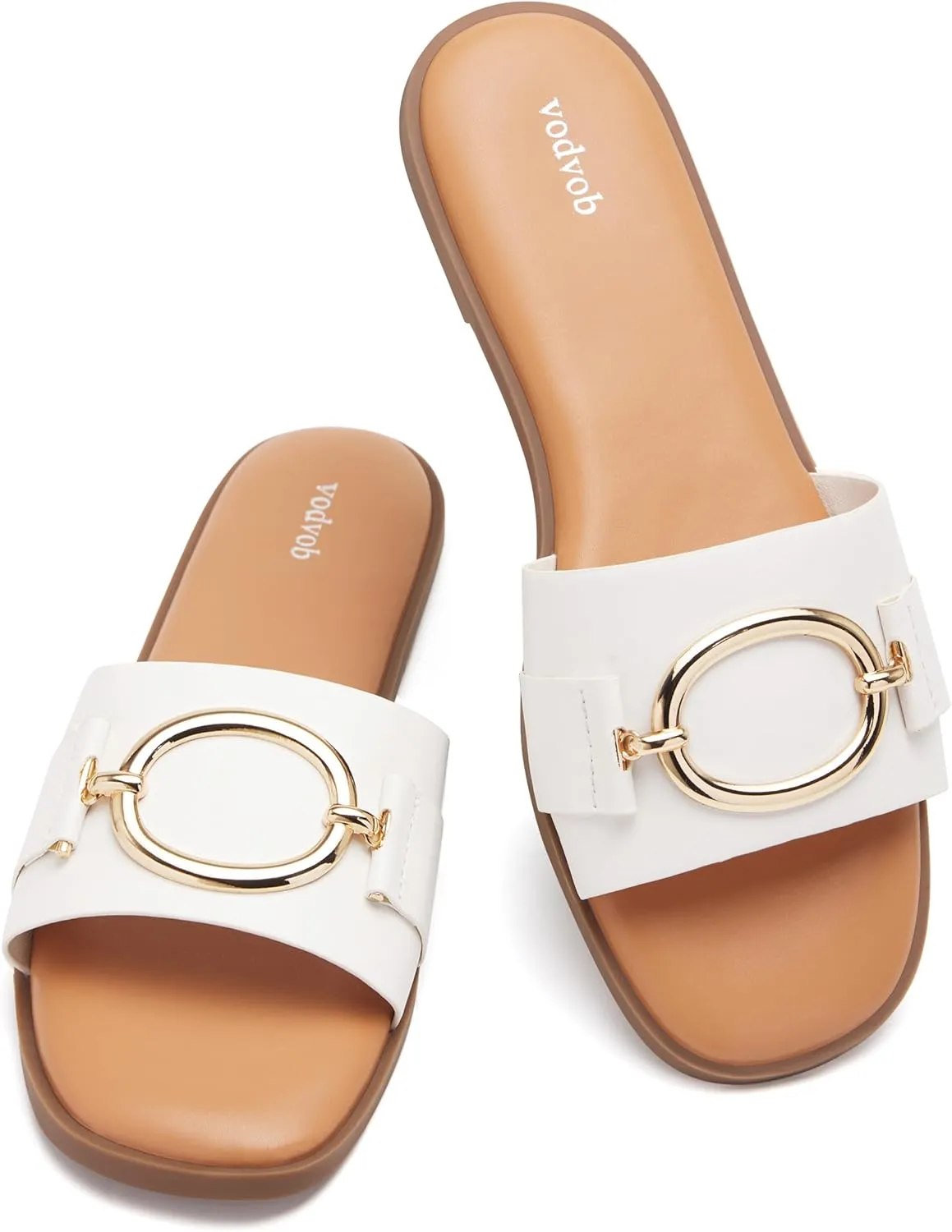 vodvob Women's Flat Sandals Fashion Square Open Toe Metal Chain Summer Dressy Sandals Slip On Casual Slides