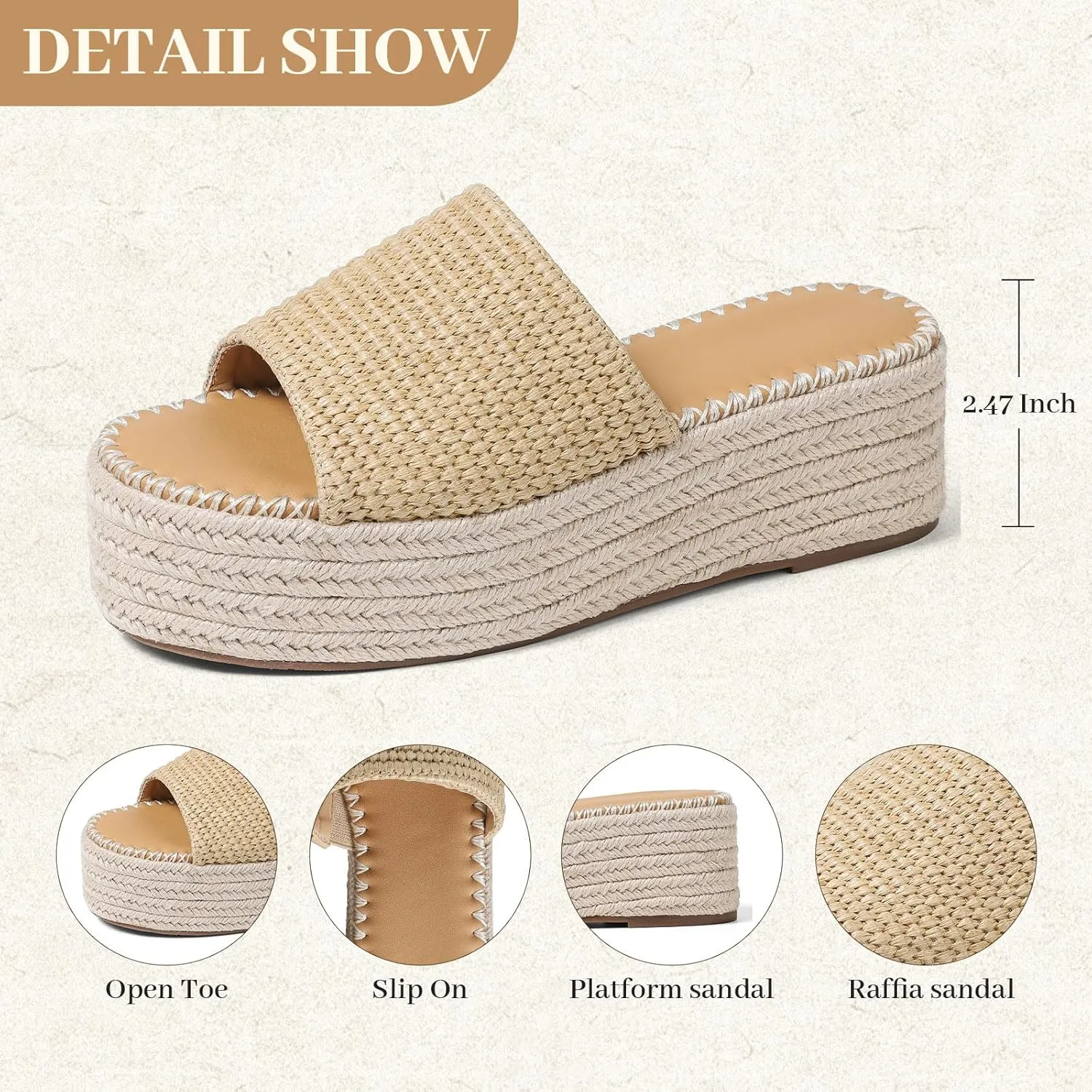 VOMIRA Platform Sandals Women Espadrille Wedge Sandals for Women Open Toe Slip On Flatform Rafiia Slide Sandals Summer Beach Sandals Bohemia Dressy Sandals