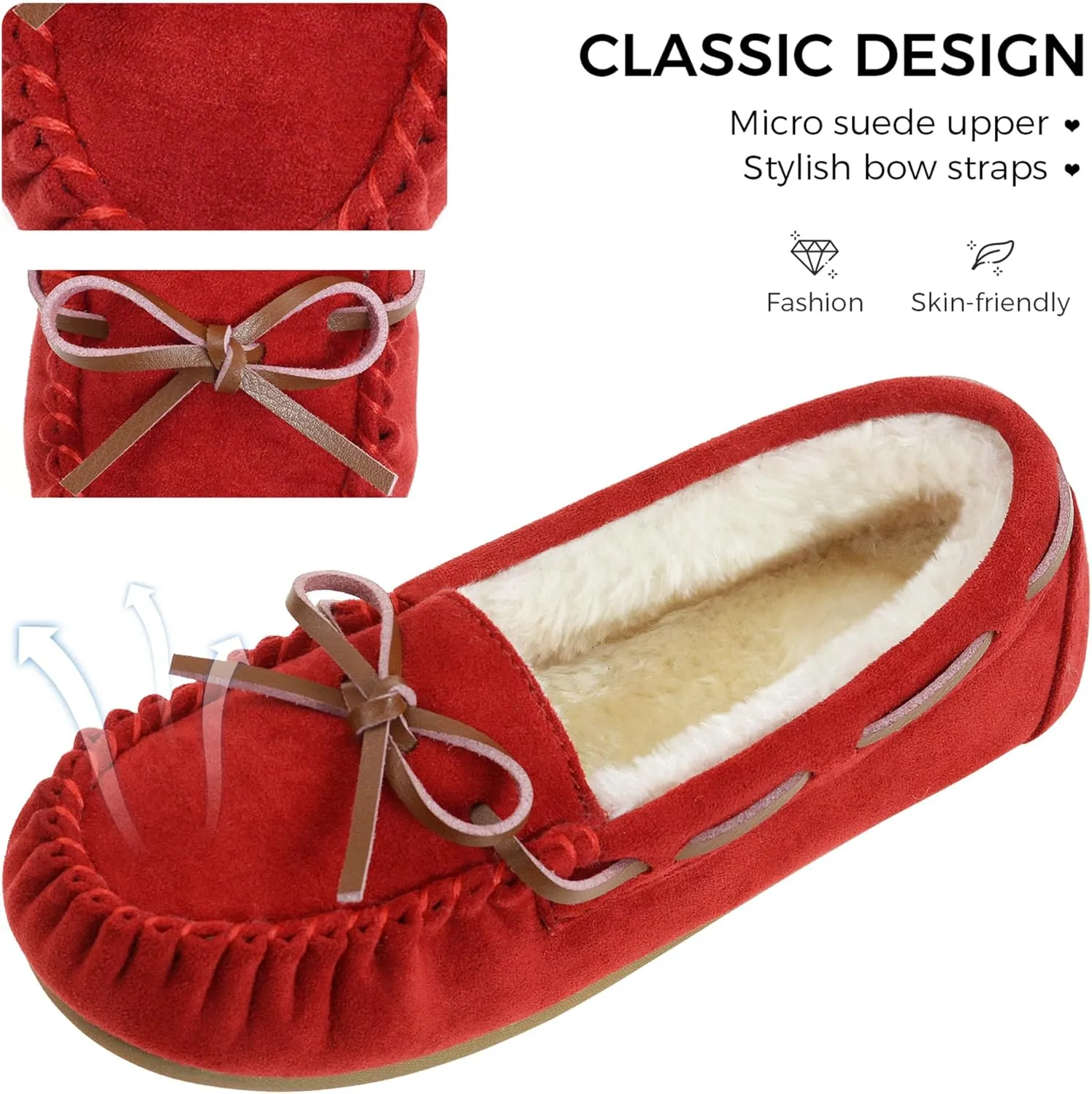Vonair Women's Moccasin Slippers Micro Suede Warm Faux Fur Pile Lined Lace-Up Cozy Bow Indoor & Outdoor Moccasins Slip On Loafers Shoes for Women