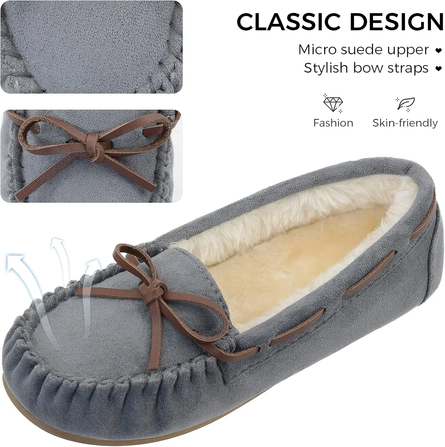 Vonair Women's Moccasin Slippers Micro Suede Warm Faux Fur Pile Lined Lace-Up Cozy Bow Indoor & Outdoor Moccasins Slip On Loafers Shoes for Women