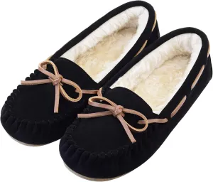 Vonair Women's Moccasin Slippers Micro Suede Warm Faux Fur Pile Lined Lace-Up Cozy Bow Indoor & Outdoor Moccasins Slip On Loafers Shoes for Women