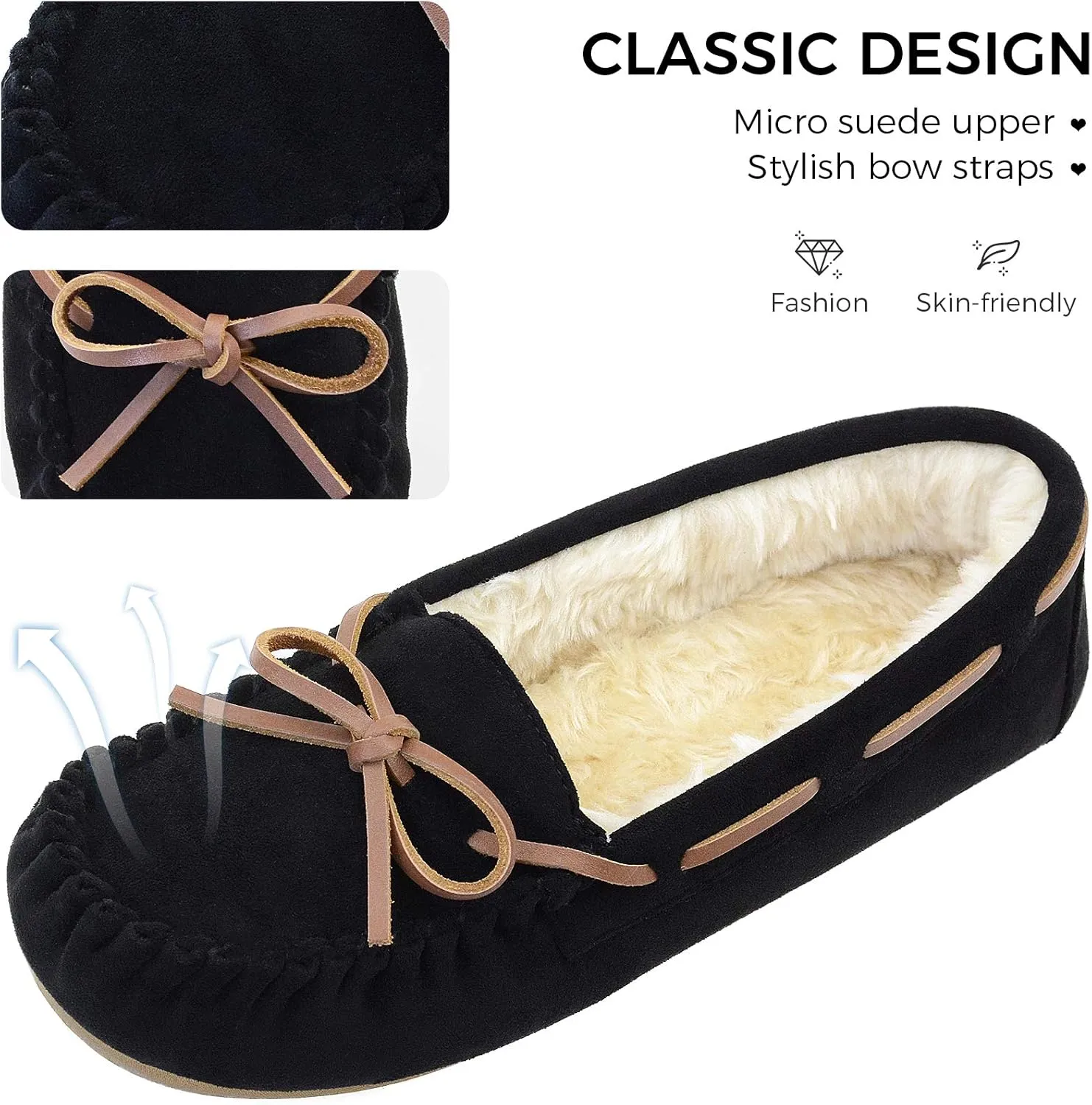Vonair Women's Moccasin Slippers Micro Suede Warm Faux Fur Pile Lined Lace-Up Cozy Bow Indoor & Outdoor Moccasins Slip On Loafers Shoes for Women