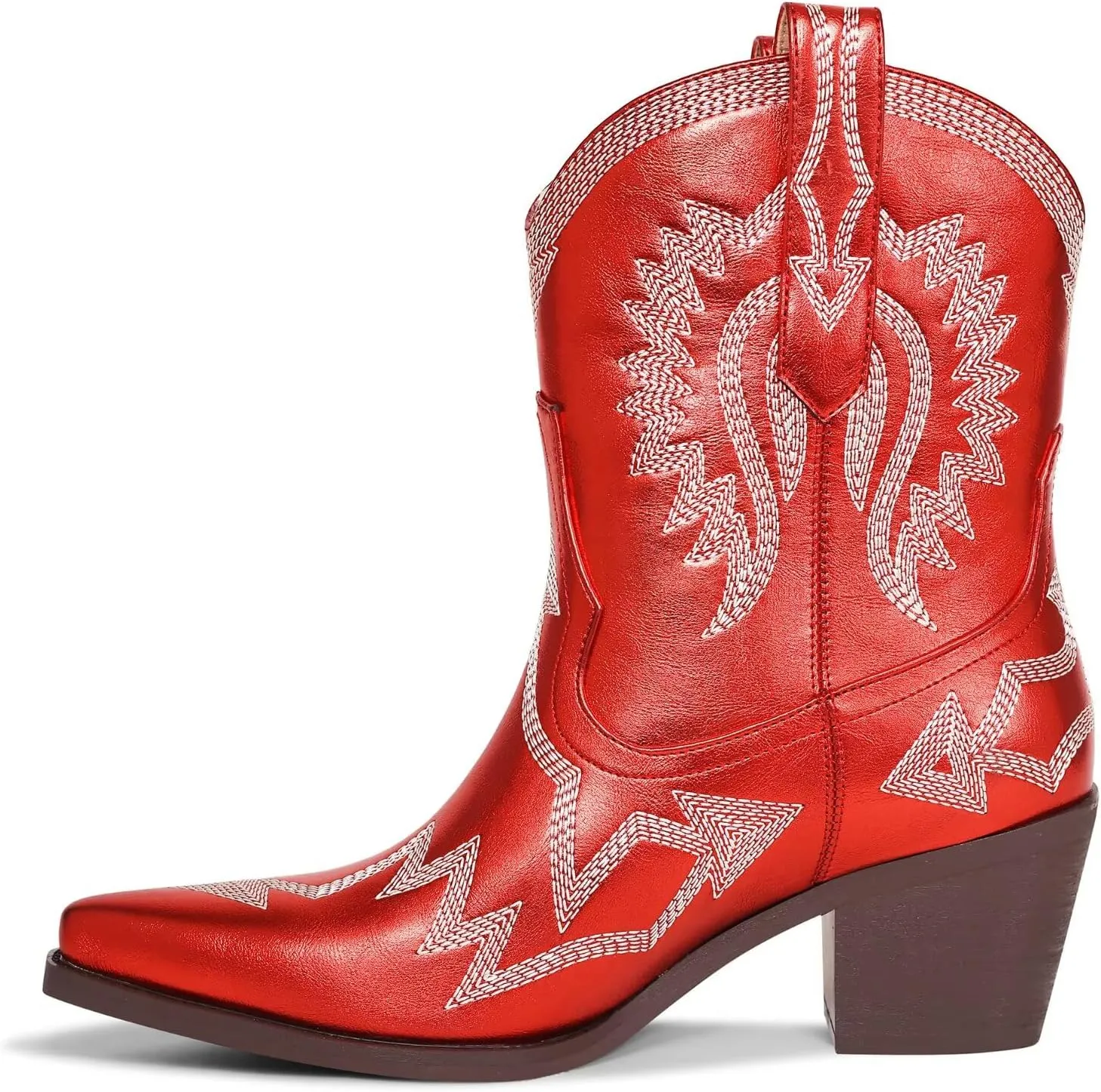 Western Boots for Women Metallic Embroidered Pointed Toe Cowgirl Boots Chunky Heel Pull-On Short Cowboy Boots Wide Calf Country Ankle Boots