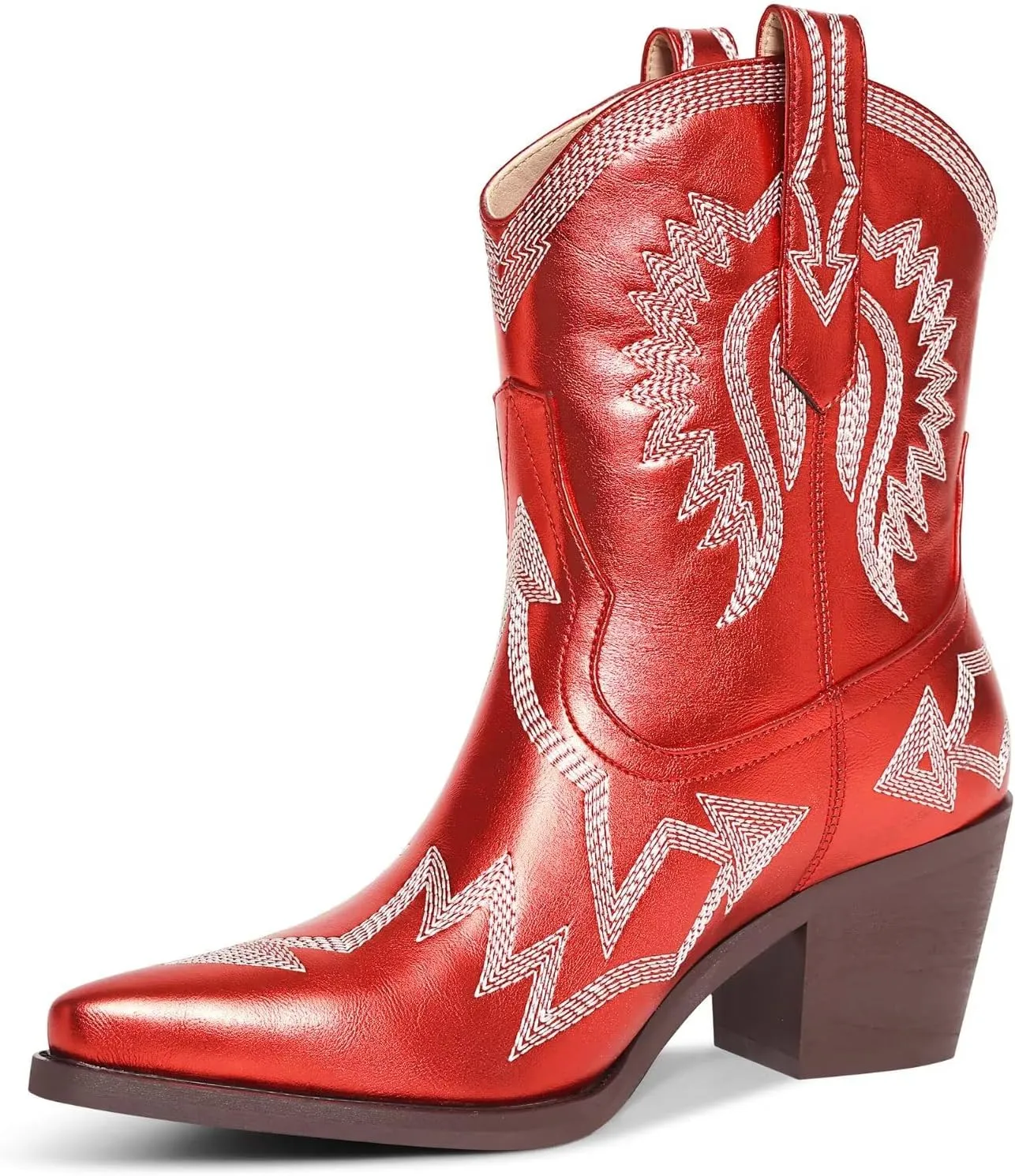 Western Boots for Women Metallic Embroidered Pointed Toe Cowgirl Boots Chunky Heel Pull-On Short Cowboy Boots Wide Calf Country Ankle Boots