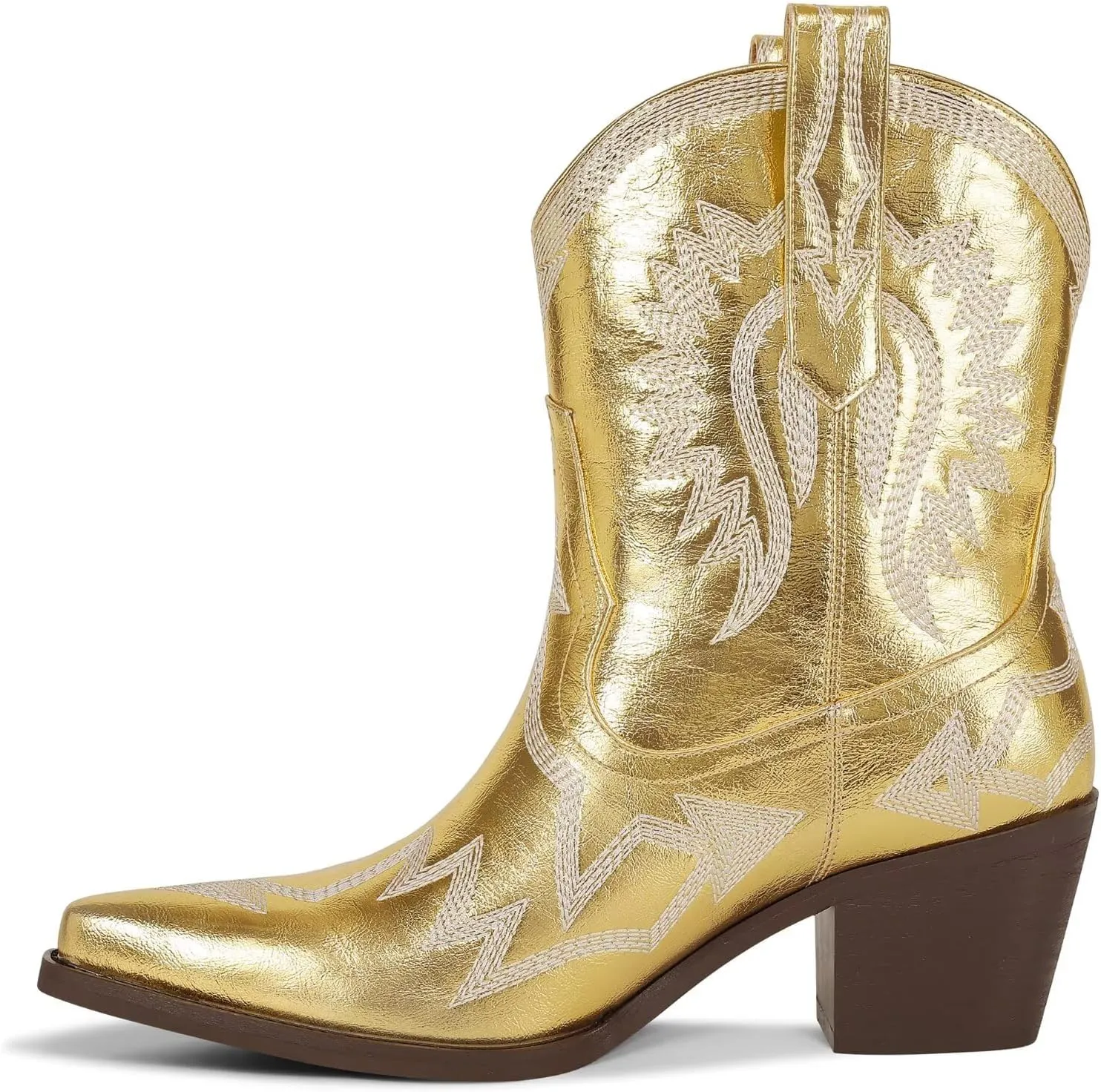 Western Boots for Women Metallic Embroidered Pointed Toe Cowgirl Boots Chunky Heel Pull-On Short Cowboy Boots Wide Calf Country Ankle Boots