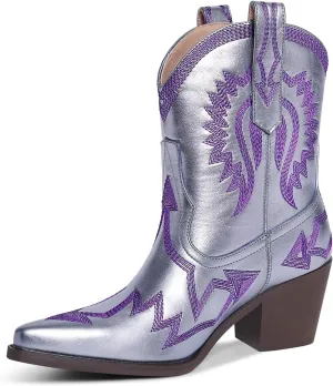 Western Boots for Women Metallic Embroidered Pointed Toe Cowgirl Boots Chunky Heel Pull-On Short Cowboy Boots Wide Calf Country Ankle Boots