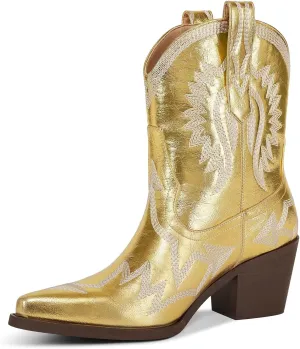 Western Boots for Women Metallic Embroidered Pointed Toe Cowgirl Boots Chunky Heel Pull-On Short Cowboy Boots Wide Calf Country Ankle Boots