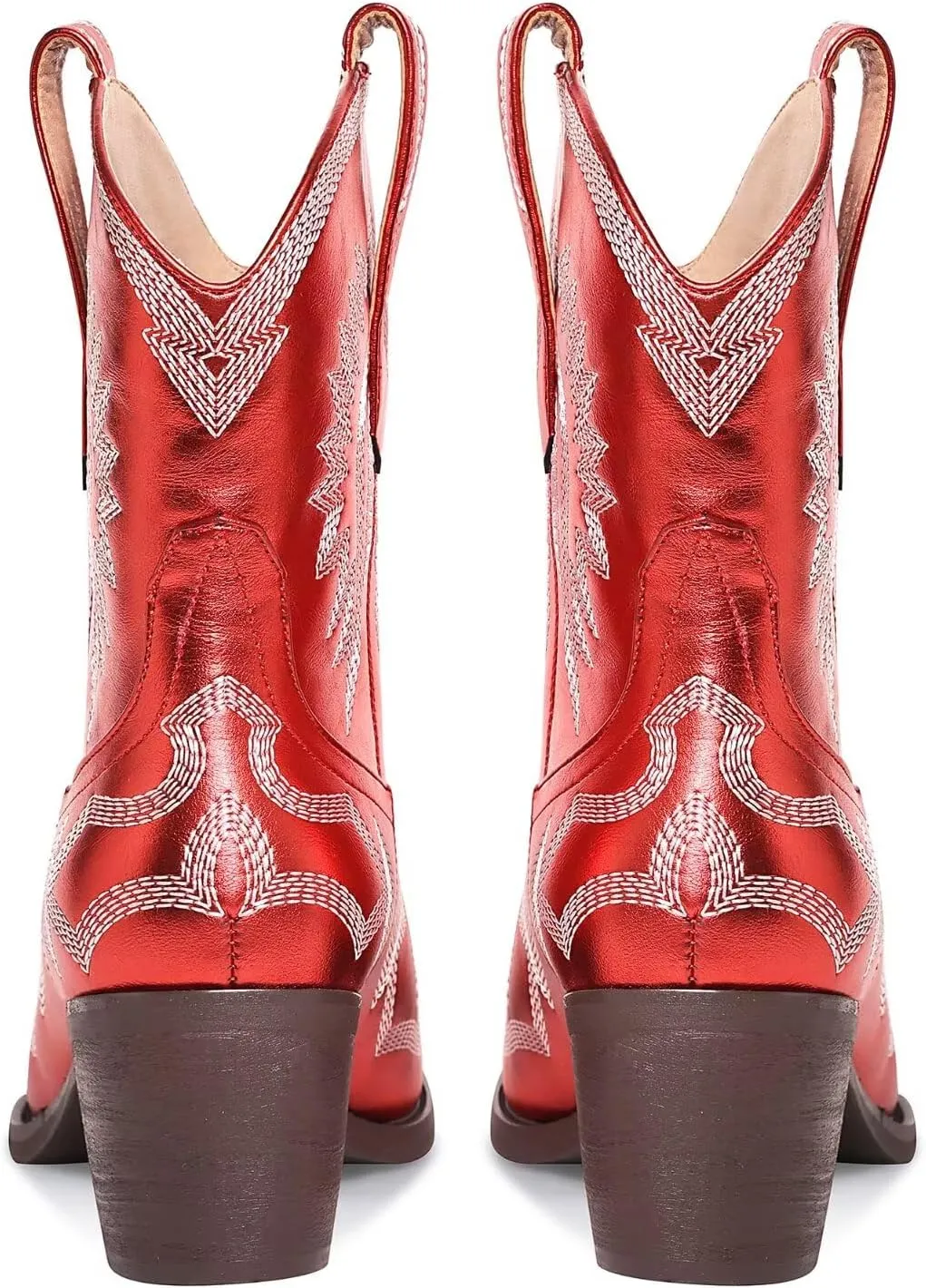 Western Boots for Women Metallic Embroidered Pointed Toe Cowgirl Boots Chunky Heel Pull-On Short Cowboy Boots Wide Calf Country Ankle Boots