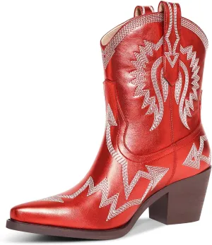 Western Boots for Women Metallic Embroidered Pointed Toe Cowgirl Boots Chunky Heel Pull-On Short Cowboy Boots Wide Calf Country Ankle Boots
