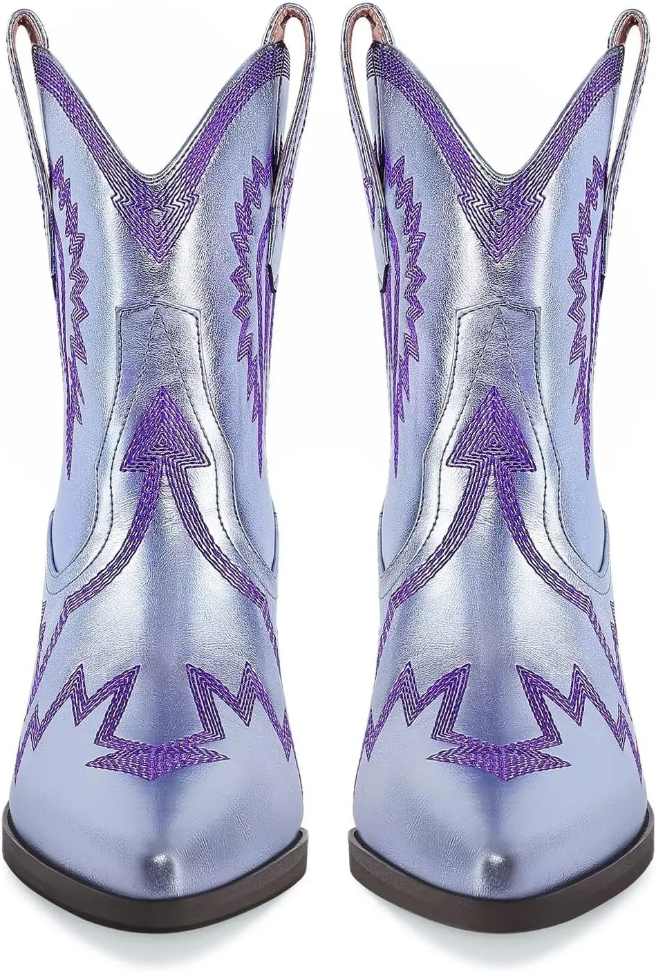 Western Boots for Women Metallic Embroidered Pointed Toe Cowgirl Boots Chunky Heel Pull-On Short Cowboy Boots Wide Calf Country Ankle Boots