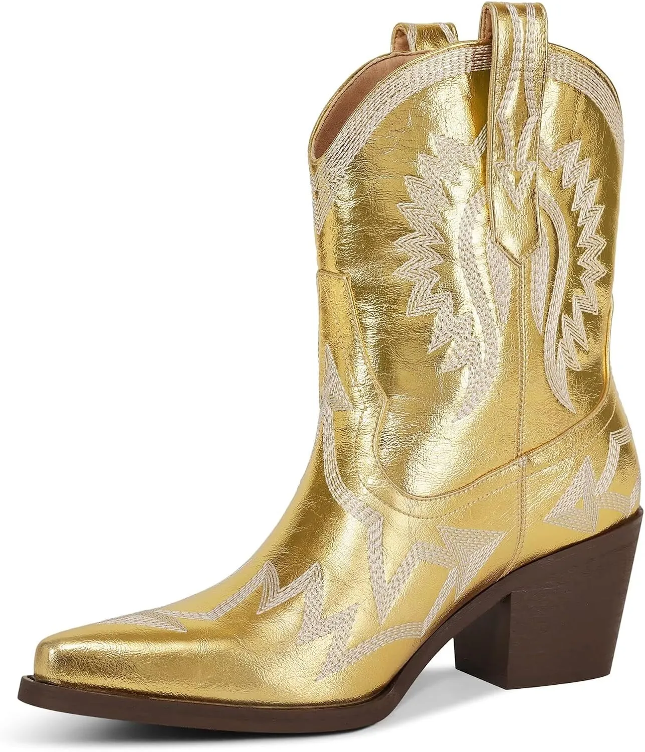Western Boots for Women Metallic Embroidered Pointed Toe Cowgirl Boots Chunky Heel Pull-On Short Cowboy Boots Wide Calf Country Ankle Boots