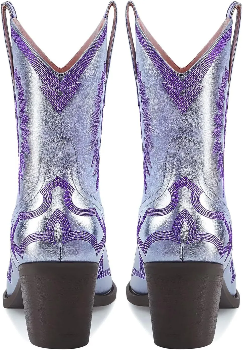 Western Boots for Women Metallic Embroidered Pointed Toe Cowgirl Boots Chunky Heel Pull-On Short Cowboy Boots Wide Calf Country Ankle Boots
