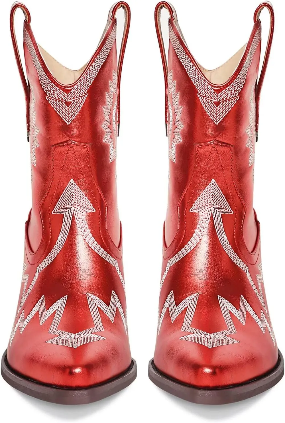 Western Boots for Women Metallic Embroidered Pointed Toe Cowgirl Boots Chunky Heel Pull-On Short Cowboy Boots Wide Calf Country Ankle Boots