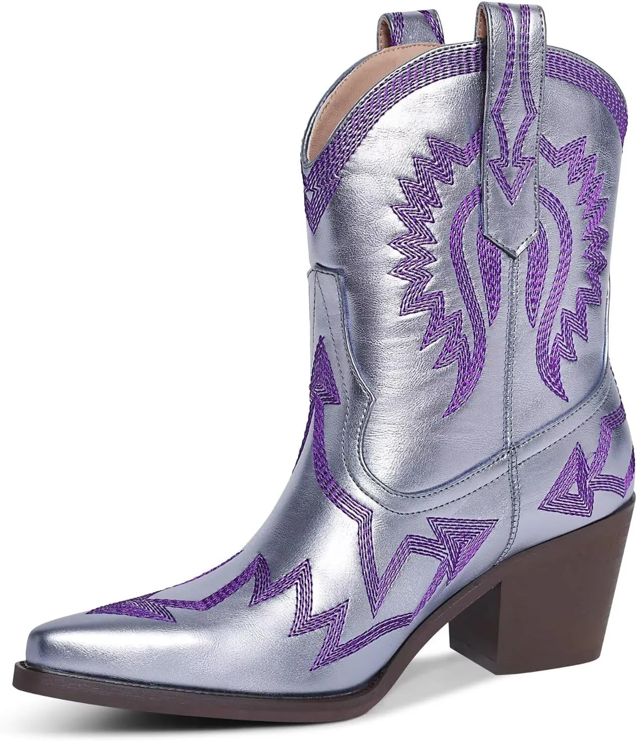 Western Boots for Women Metallic Embroidered Pointed Toe Cowgirl Boots Chunky Heel Pull-On Short Cowboy Boots Wide Calf Country Ankle Boots