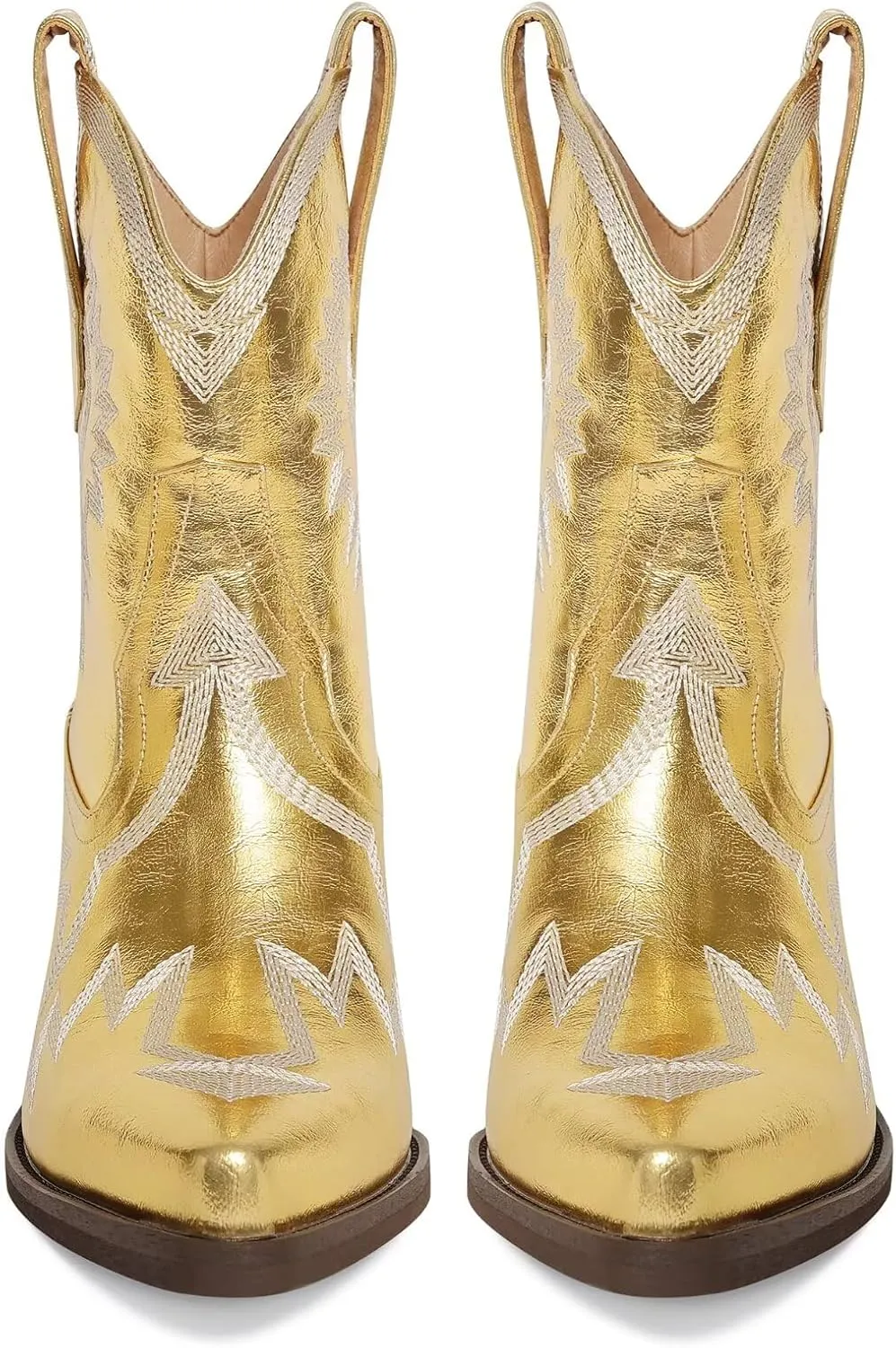 Western Boots for Women Metallic Embroidered Pointed Toe Cowgirl Boots Chunky Heel Pull-On Short Cowboy Boots Wide Calf Country Ankle Boots