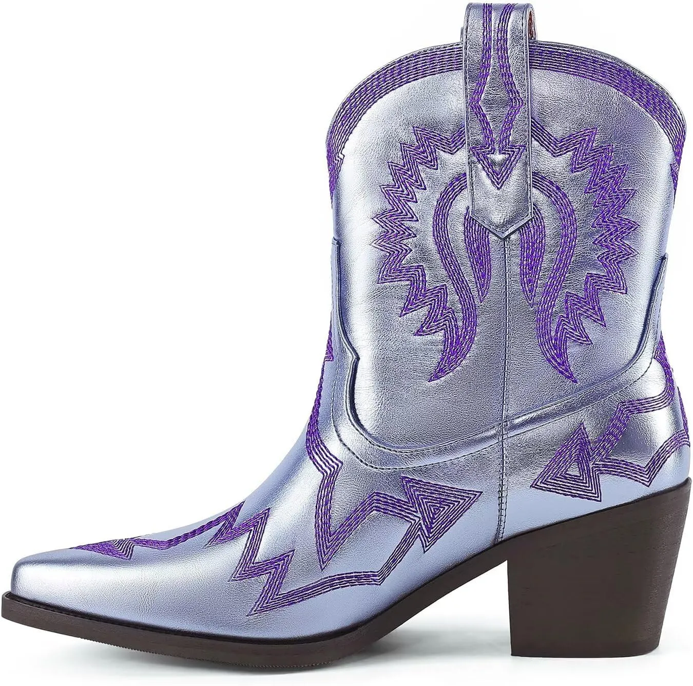 Western Boots for Women Metallic Embroidered Pointed Toe Cowgirl Boots Chunky Heel Pull-On Short Cowboy Boots Wide Calf Country Ankle Boots
