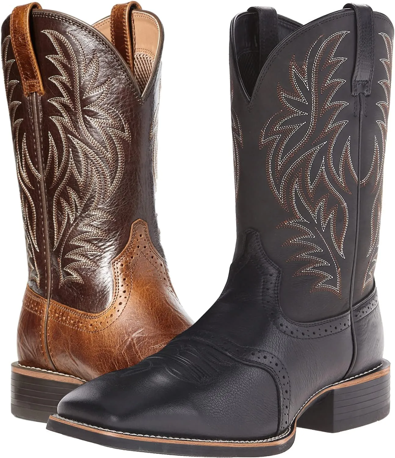 Western Cowboy Boots for Men,Western Square Toe Cowboy Boots Retro Leather Embroidery Casual Chunky Heel Wide Calf Pull On Boots