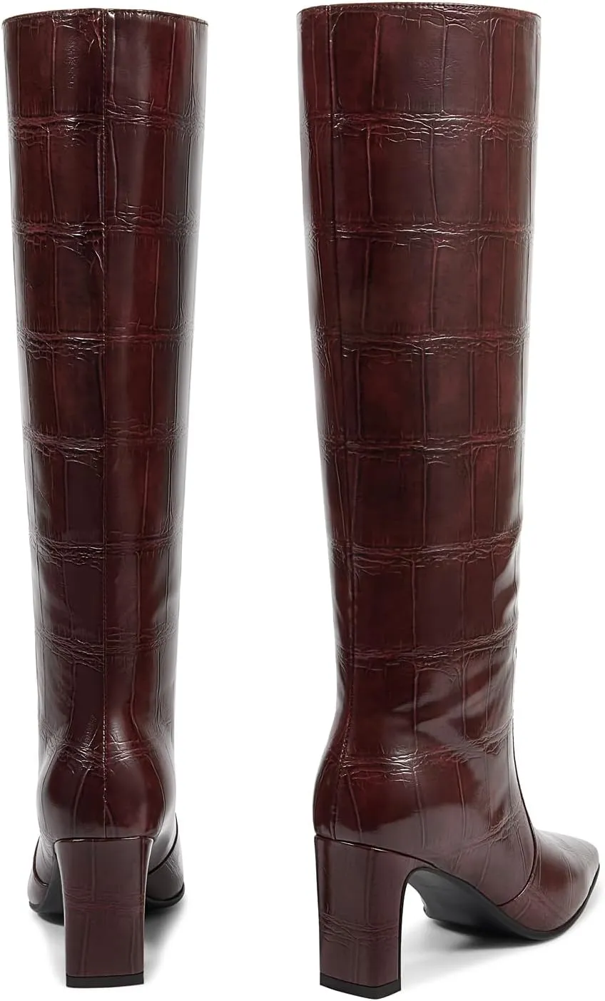 wetkiss Straight Leg Knee High Boots for Women Regular Calf Friendly Square Toe Faux Leather Crocodile Print Mid Heel Comfortable Boots