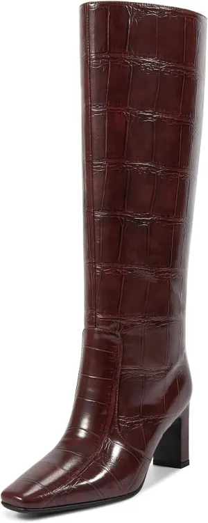 wetkiss Straight Leg Knee High Boots for Women Regular Calf Friendly Square Toe Faux Leather Crocodile Print Mid Heel Comfortable Boots