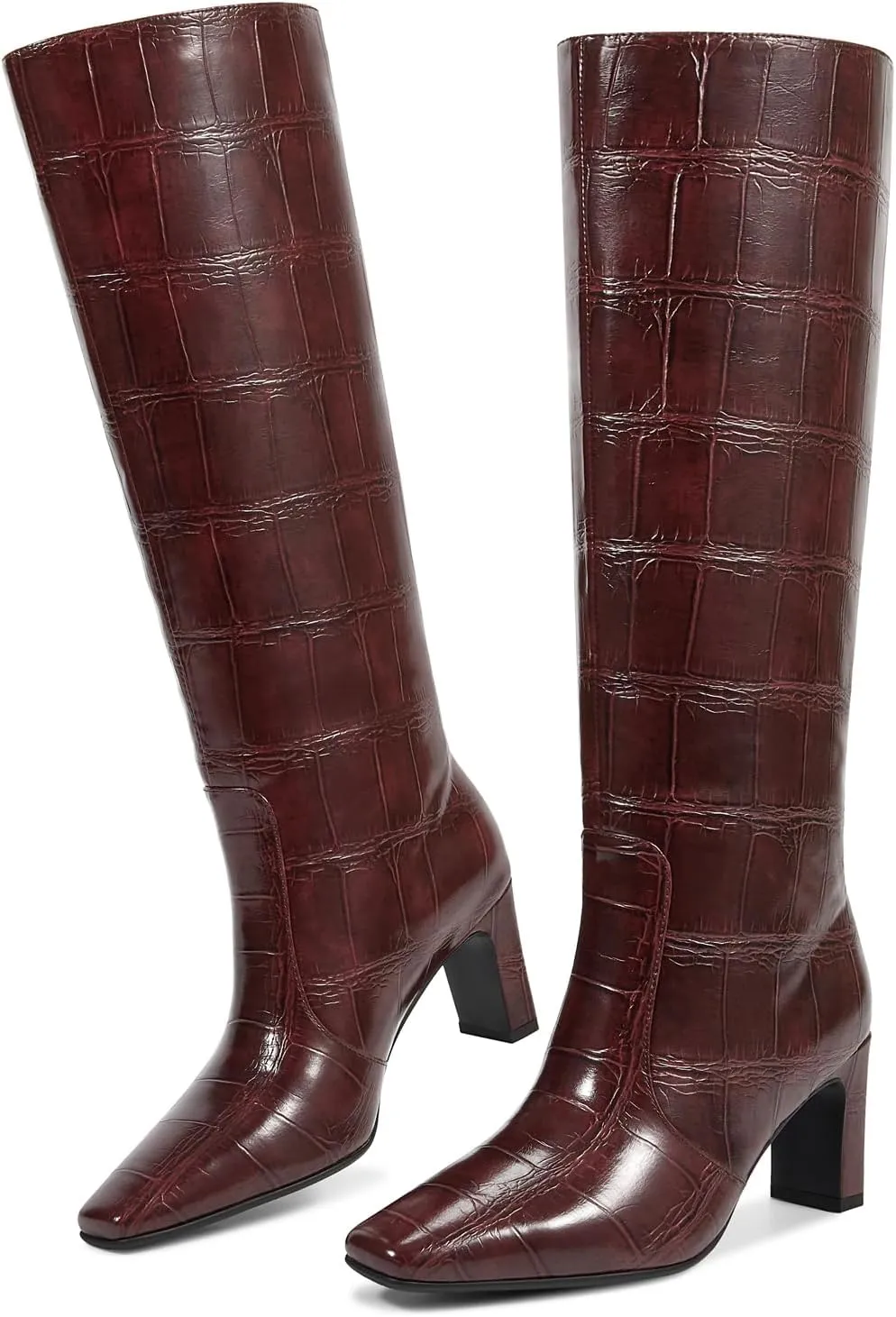 wetkiss Straight Leg Knee High Boots for Women Regular Calf Friendly Square Toe Faux Leather Crocodile Print Mid Heel Comfortable Boots