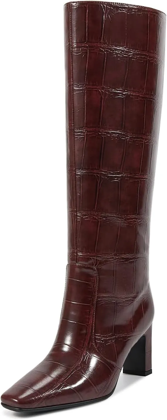 wetkiss Straight Leg Knee High Boots for Women Regular Calf Friendly Square Toe Faux Leather Crocodile Print Mid Heel Comfortable Boots