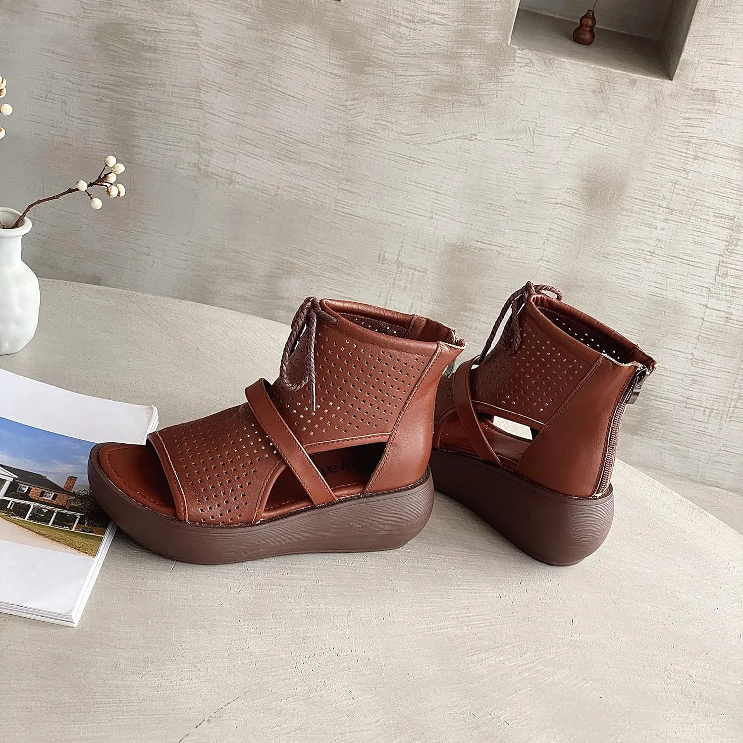 Women High Top Boot Sandals Open Toe Cutout Leather Sandals for Women