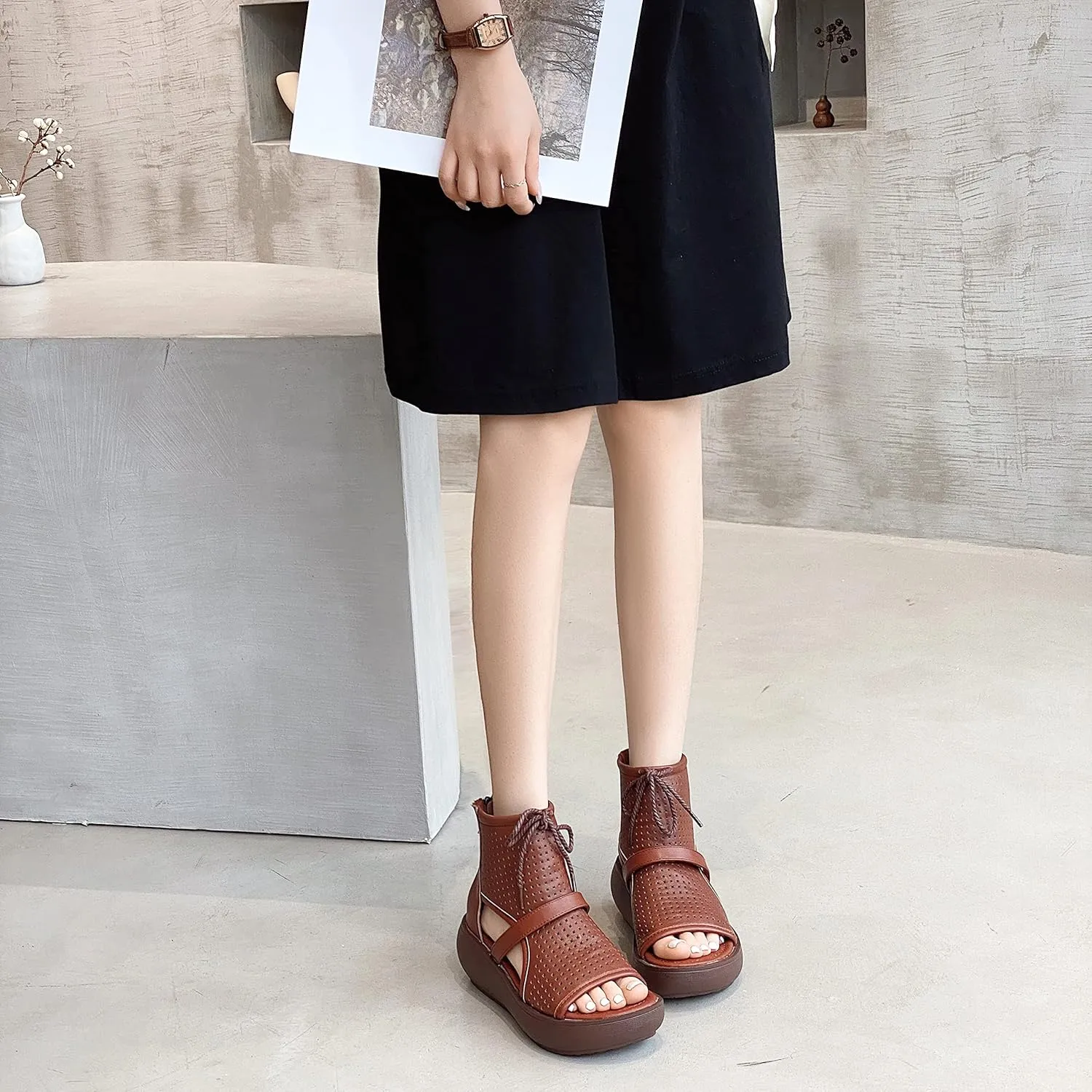 Women High Top Boot Sandals Open Toe Cutout Leather Sandals for Women